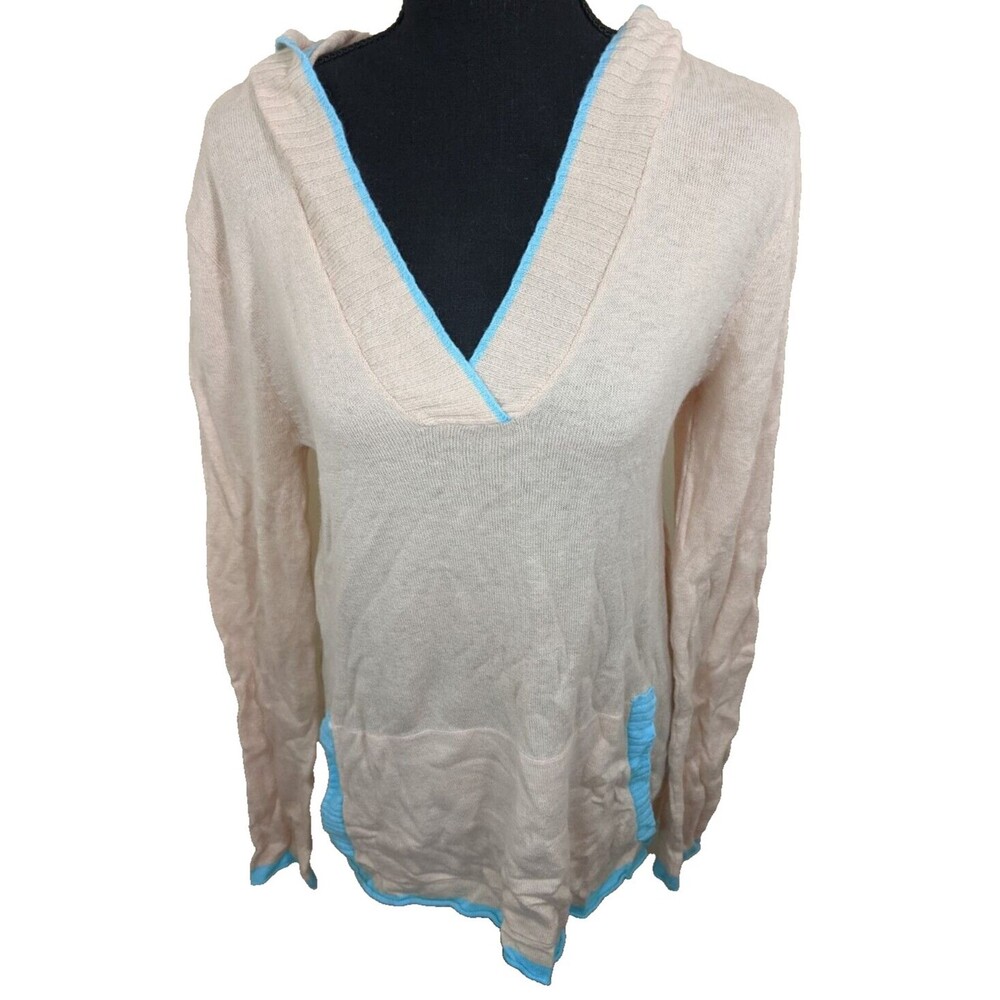 Fresh Produce Women Sweater Tunic Hi-Lo Knit Hooded V-Neck M/L
